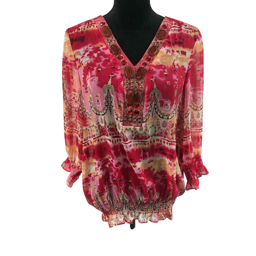 Marc Bouwer Pink Paisley Tie Dye Embellished V-Neck Smocked Chiffon Blouse M